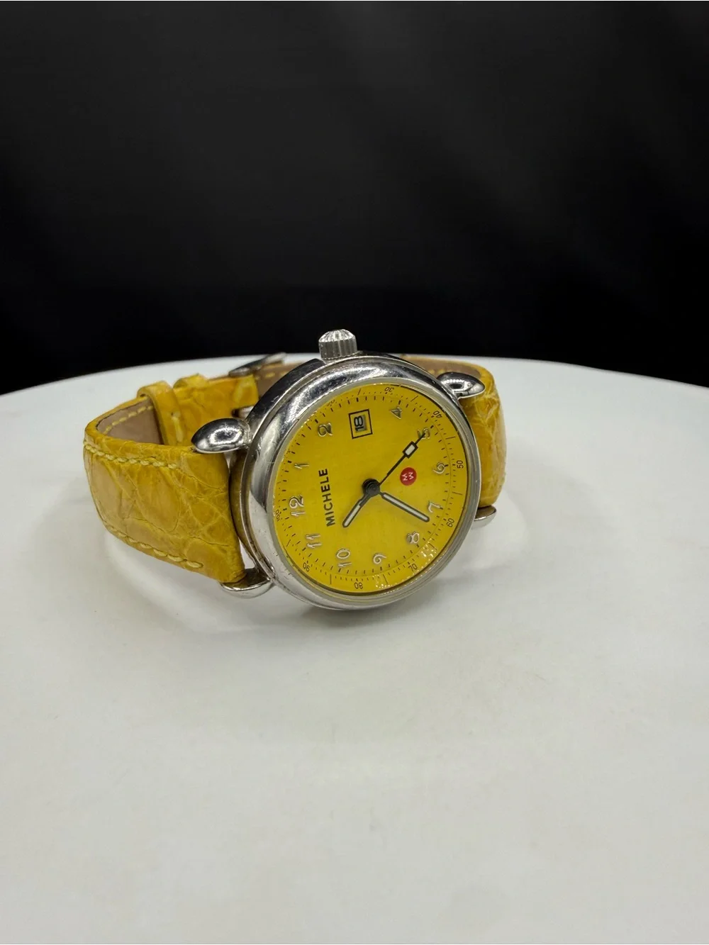 Michele Vintage Yellow Grid Dial Genuine Leather Strap Watch